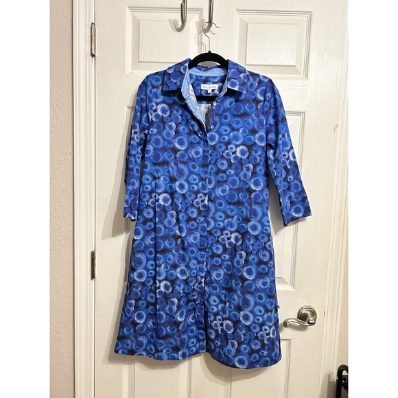 Perlavera XS Dress Blue Pattern Button Up Collar Cotton Preppy Comfort Chic - Picture 3 of 9